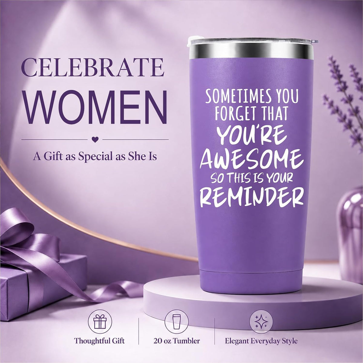 Inspirational Purple Tumbler for Women – “You’re Awesome” 20oz Stainless Steel Travel Mug, Perfect Birthday, Graduation & Holiday Gift for Her, Best Friends, Coworkers, Teachers, Sister