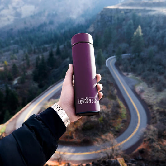 Multi-Purpose Travel Mug and Tumbler Fruit Infused Flask Hot and Cold Double Wall Stainless Steel Thermos with Extra-Long Infuser, Purple