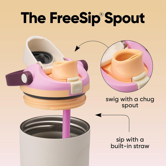 FreeSip Sway Insulated Stainless Steel Water Bottle with Two-Way Spout, Built-In Straw and Bucket Handle, Made for Travel, School, and Sports, 30oz, BPA Free, Leak Proof, Daybreak