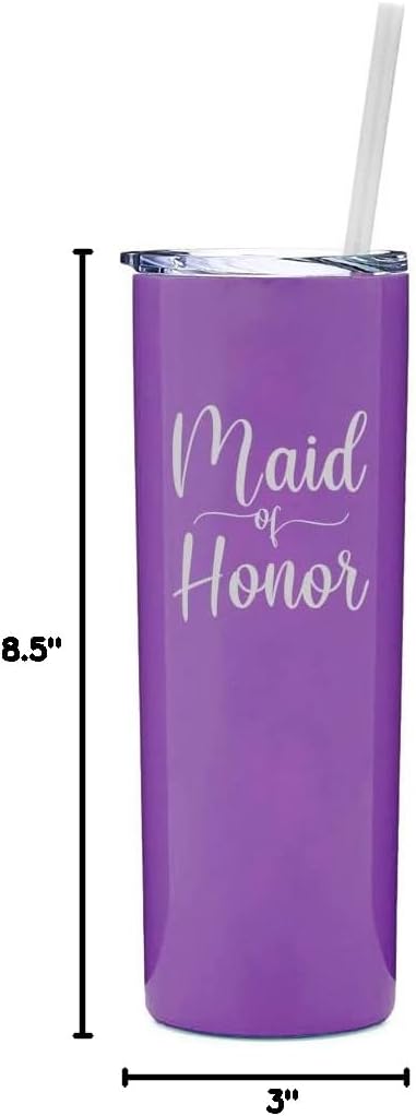 20 oz Skinny Tall Tumbler Stainless Steel Vacuum Insulated Travel Mug Cup With Straw Maid Of Honor (Black)
