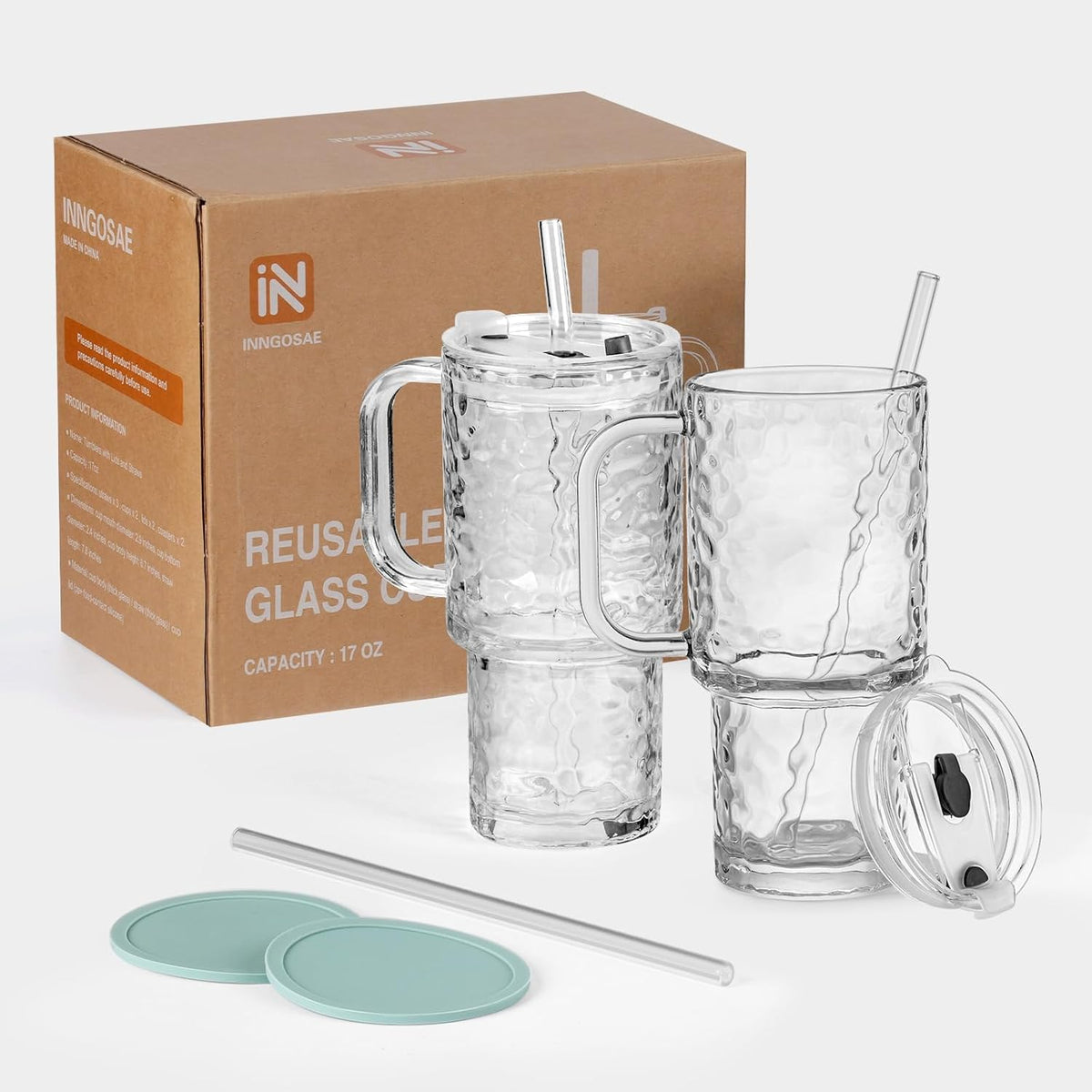 17oz Water Glass Tumbler with Handle & Lid, Reusable Iced Coffee Cups with Straws – Set of 2, Glass Cups Travel Mug for Beverages,Smoothies, Juice, Coffee, Tea
