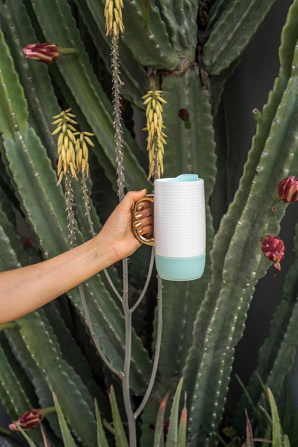 Jane 18oz Ceramic Travel Mug with Handle and Built-In Coaster, Sandbar