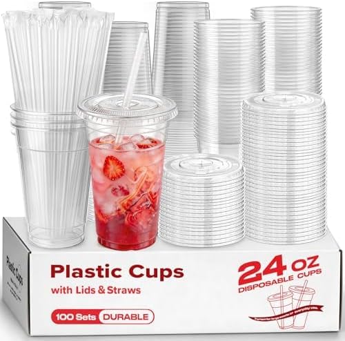 100 Pack 16 oz Plastic Cups with Lids and Straws, Clear Disposable Plastic Cups, Heavy Duty Iced Coffee Cups with Leak-Resistant Lids, Cold Drink Cups for Smoothies, Juice, Soda & Party To Go