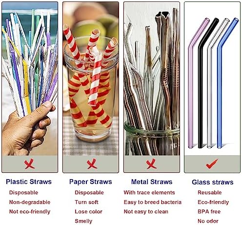 Reusable Borosilicate Glass Straws for 16 oz Tumblers, 9 Inch x 8mm Bent