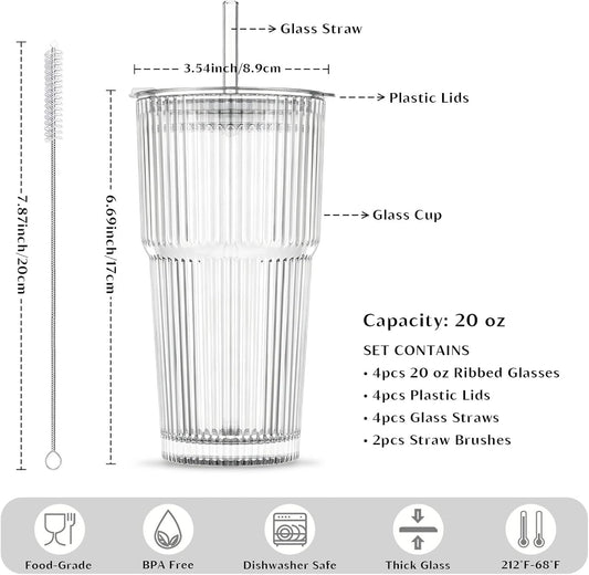 20 oz Ribbed Glass Tumblers with Lids and Glass Straws – 4-Piece Glassware Set, Thickened Wall, Ideal for Iced Coffee, Smoothies, Cocktails, and Juices – Elegant and Durable Drinkware