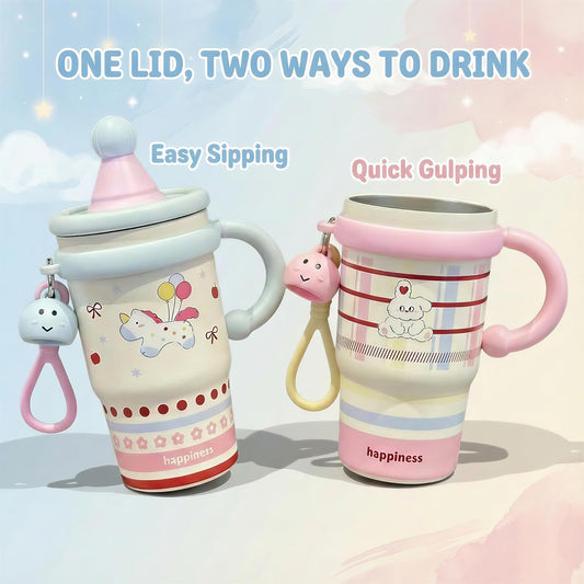 20oz Insulated Tumbler with Straw and Lid, Leakproof Coffee Travel Mug with Handle, Dual-Drink Design for Hot & Cold Drinks, Cute Water Bottle for Women with Free Charm (Strawberry Red)