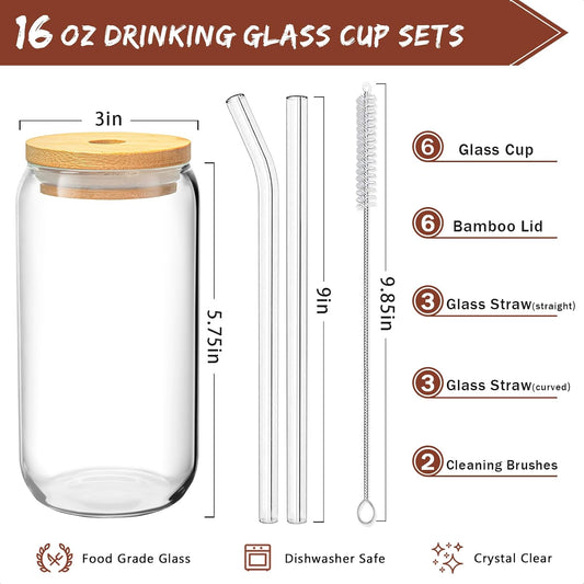 16 Oz Drinking Glasses - 8 Pcs Glass Cups with Bamboo Lids and Straws