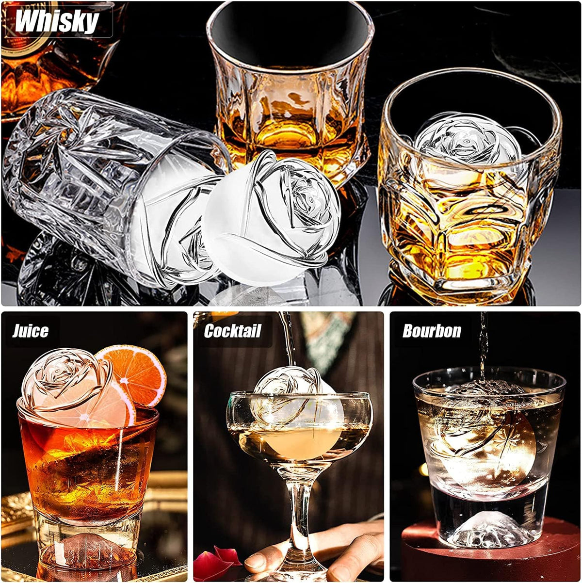 Ice Cube Tray, 2 inch Rose Ice Cube Trays With Covers, 3 Cavity Silicone Rose Ice Tray & 3 Diamond Ice Ball Maker, Easy Release Large Ice Cube Form for Chilled Cocktails, Whiskey Juice Black