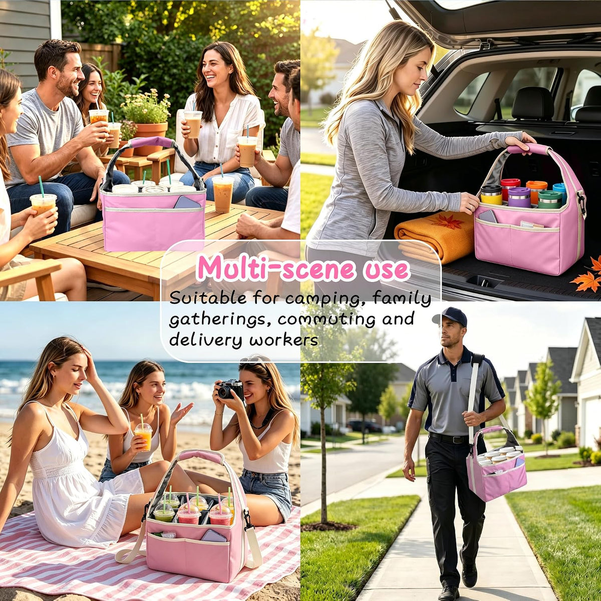 Drink Carrier Tote Bag with Handle Family Size 4 Compartment Water Bottle Holder with Adjustable Shoulder Strap & Removable Dividers Multiple Tumbler Caddy for Car,Delivery,Family Outings