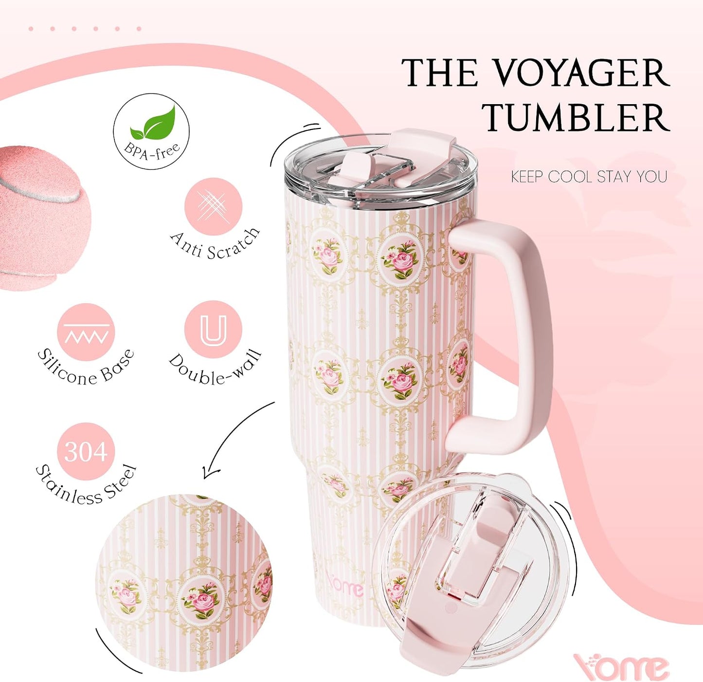 YOME 40oz Bow Cherry Tumbler Handle and Flip Straw | Stainless Steel Insulated Cute Water Bottle | Keeps Drinks Cold | Dishwasher Safe | Cupholder Friendly | Gift Gym Travel Yoga - Colors B