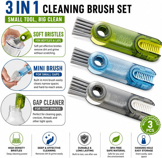 3-in-1 Cleaning Brush for Cups, Bottles & Keyboards, Multifunctional Detail Cleaning Tool for Lids, Gaps, Earbuds & Hard-to-Reach Areas, Compact Portable Cleaning Kit for Home, Office & Travel.