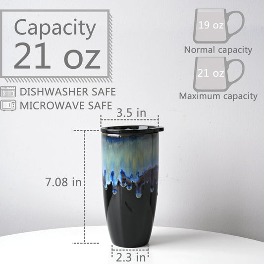 Ceramic Travel Coffee Mug with Lid, 21 oz, Portable Coffee Cup for Car Cup Holder, Microwave and Dishwasher Safe, Reactive Glaze