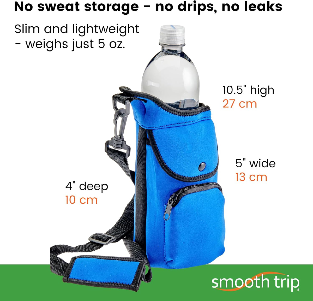 One Size Stretch Water Bottle Holder with Strap - Insulating Neoprene Bottle Holder for Walking with Storage and Phone Pocket, Fits up to 32 oz. Bottles