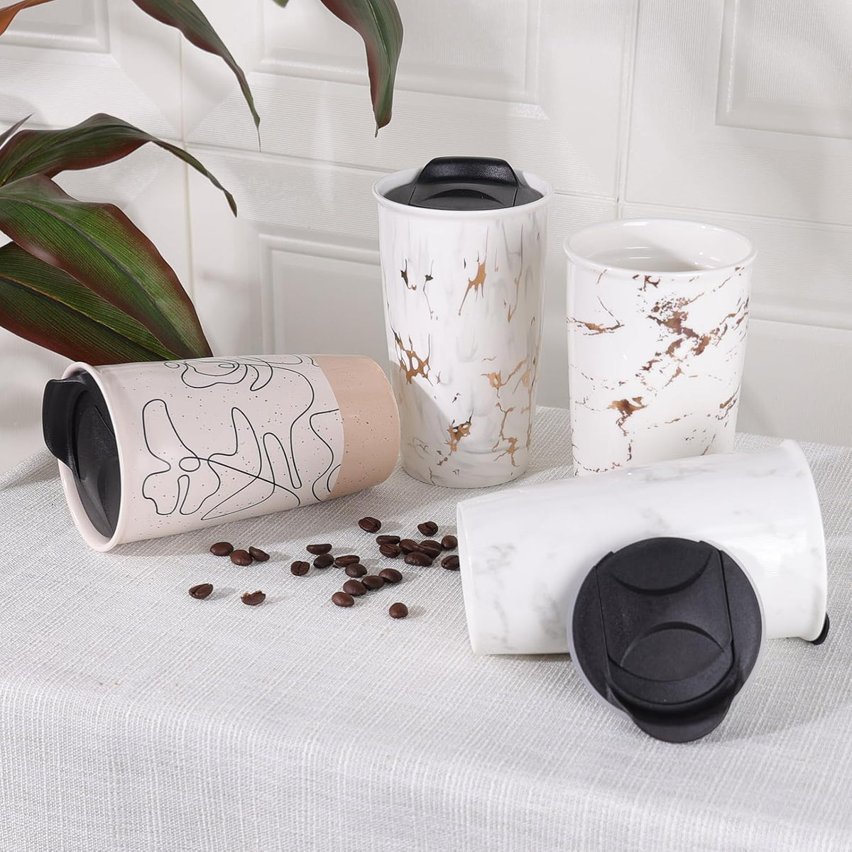 Ceramic Travel Mug with Lid, Flower Pattern Black Double Wall Coffee Mug Tumbler, Reusable Tall Cup, Splash Resistant Lid, Dishwasher Microwaveable Safe
