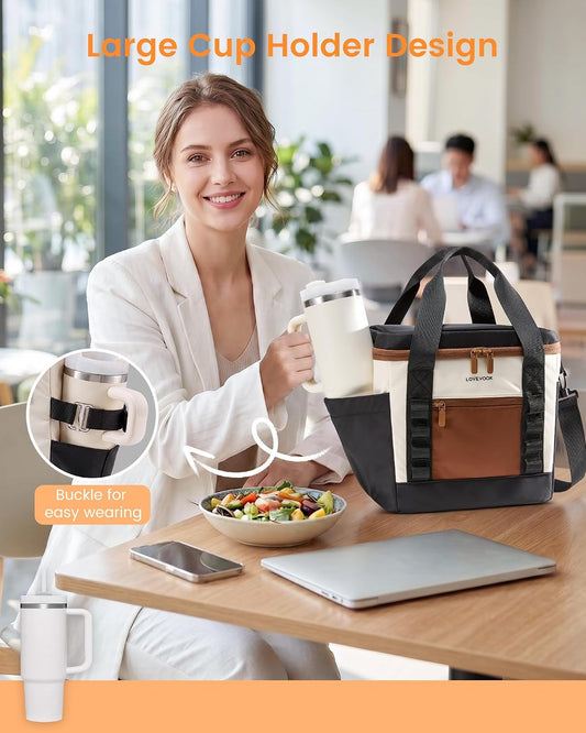 Insulated Lunch Bag for Women men, Large Leakproof Adult Lunch Box | 180° Wide Opening, Fits 40oz Cup, Heat-Sealed Leakproof, 4-Layer Thermal Insulation, Multi-Functional DIY Webbing