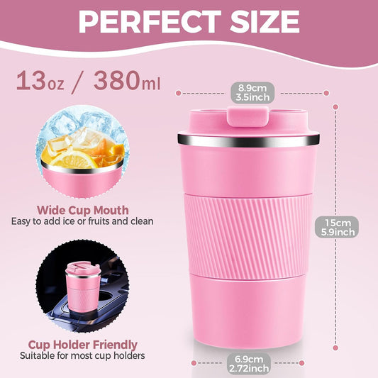 Volhoply 13 oz Stainless Steel Insulated Travel Coffee Cup with Fip Lid,Reusable Double Wall Vacuum Metal Coffee Mug,Portable to Go Leak Proof Cafe Mugs for Hot & Cold Drinks(Pink,1)
