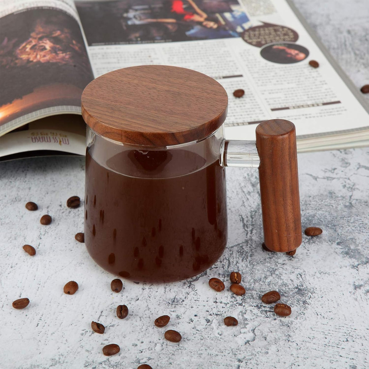 Glass Coffee Mugs, Clear Coffee Mugs with Walnut Lid&Handle,Wide Mouth Extra Large Capacity Cup, Perfect for Latte, Mocha, Cappuccino, Tea and Juice, Microwave Safe(2PCS,15oz/450ml)