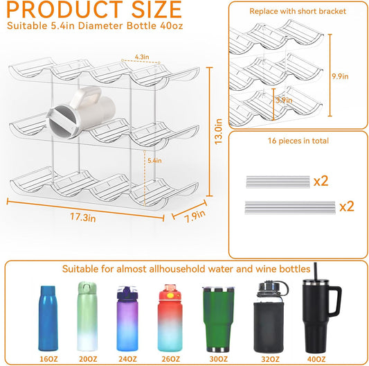 3 Tier Stackable Water Bottle Organizer for Cabinets 40 oz Stanley Cup,Yeti and Other Tumbler Organizer,Larger Compartment Stanley Cup Holder,Waterbottle Storage and Wine Rack for Fridge
