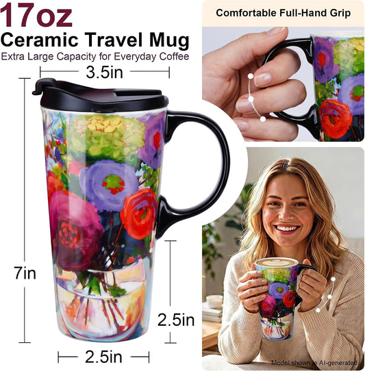 17oz Ceramic Travel Mug with Lid, Colorful Floral Gift Coffee Mug