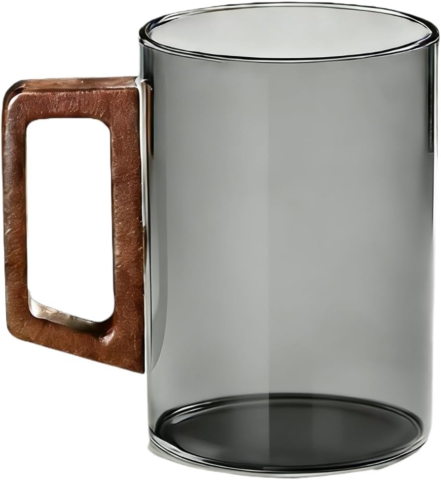 Glass Cup Set of 2 with Walnut Wood Handles, Straight-Sided Heat-Resistant Drinking Tumblers for Tea Coffee Home Office – 16 oz, Clear (clear)