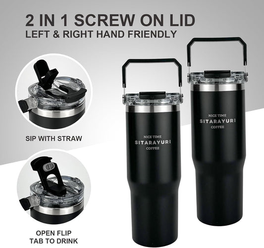 30 oz Insulated Tumbler with Handle and Flip Straw Lid - 100% Leak Proof Stainless Steel Water Bottle - Vacuum Sealed Travel Mug for Iced Coffee & Tea - Cupholder Friendly & BPA Free
