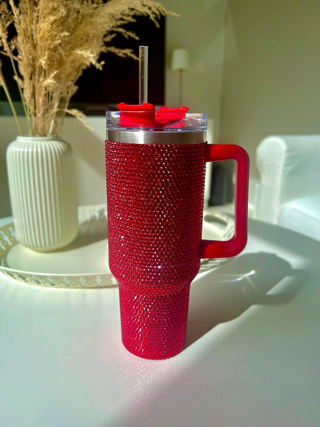 40 Oz Rhinestone Tumbler with Handle and Flip Straw | Insulated Stainless Steel Double Layer Bling Tumbler | Leak Proof Glitter Tumbler for Women | Reusable 1200ml Travel Bling Cups Pink