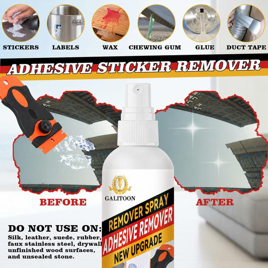 Adhesive Remover, Sticker Remover Spray with Plastic Scraper and Cleaning Cloth, Surface-Friendly Formula for Removing Sticker Residue, Tape Marks and Adhesive Build-Up from Glass,Floors and Cars