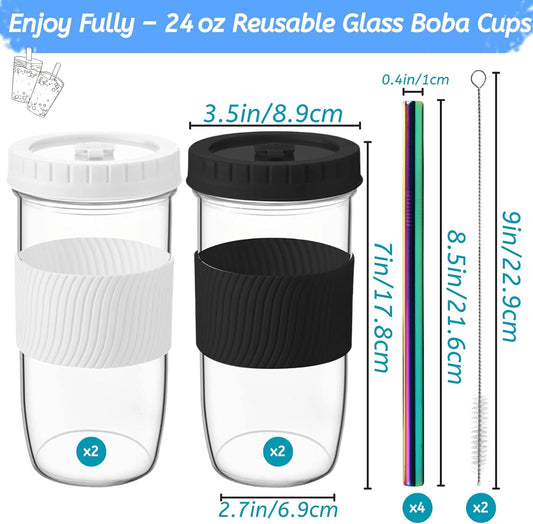 4 Pack 24 Oz Reusable Boba Cups with Lids and Straw, Iced Coffee & Smoothie Cups, Bubble Tea & Mason Jar Style with Silicone Sleeve, BPA Free, Dishwasher Safe, 2 Colors