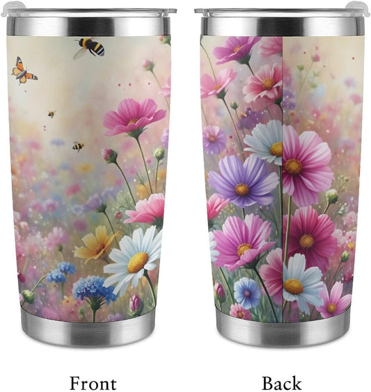 Butterflies Bees Pink Purple White Flowers 20 Oz Insulated Tumbler with Lid And Straw, Double Silver Rim Stainless Steel Travel Coffee Mug, Vacuum Leakproof Cup for Car, Office & Camping