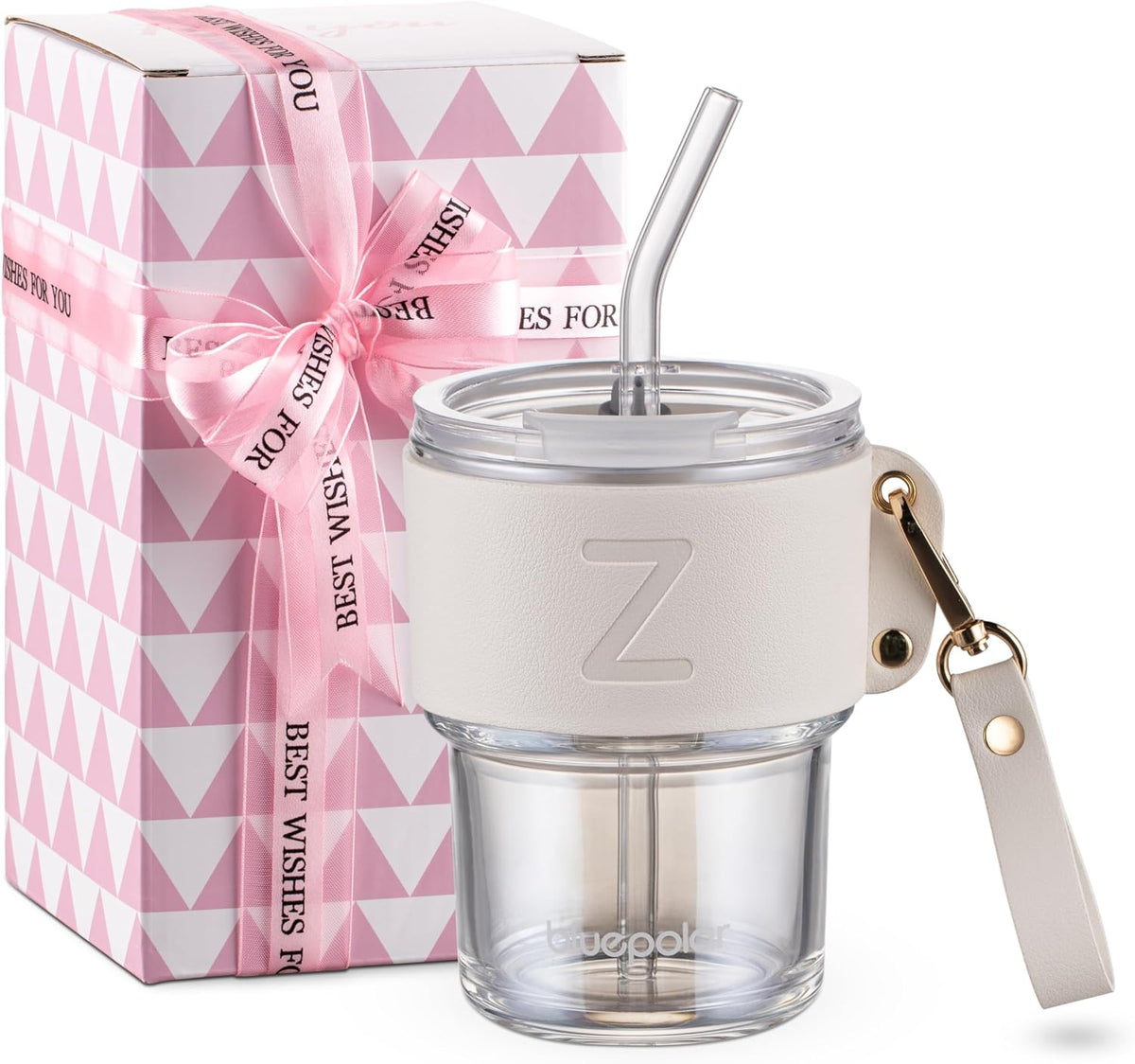 Monogrammed Gifts for Women-Personalized Glass Tumbler with Straw,Custom Iced Coffee Cups with Lids as Wedding Birthday Mothers Day Gift for Her Wife Bride(T)