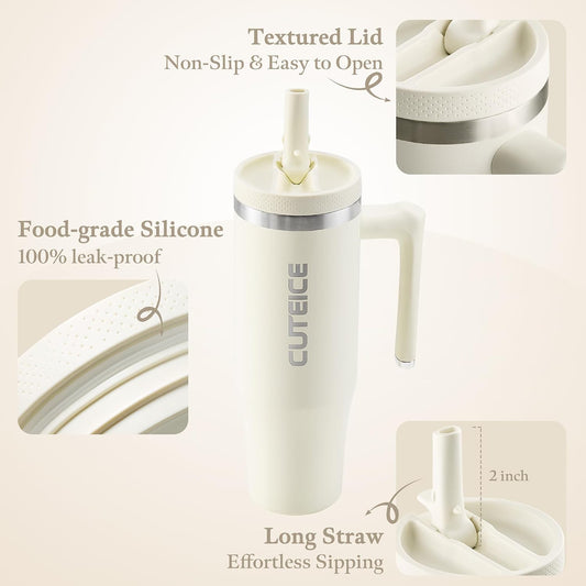 Blue Tumbler with Straw and Handle Coffee Travel Mug with Lid Leakproof Insulated Cup Stainless Steel Mug for Iced Tea, Coffee, Cold Beverages Fits in Car Cup Holder Skyblue Water Bottle for Office
