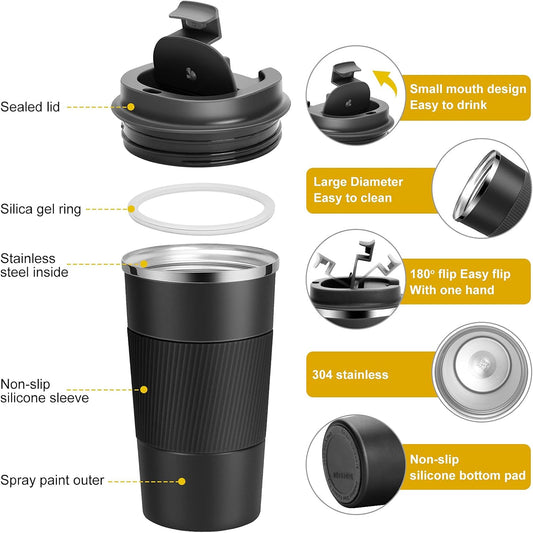Travel Mug Reusable Insulated Coffee Cups Vacuum Insulation Stainless Steel Thermal Mug for Hot Cold Drinks (Black-510ml)