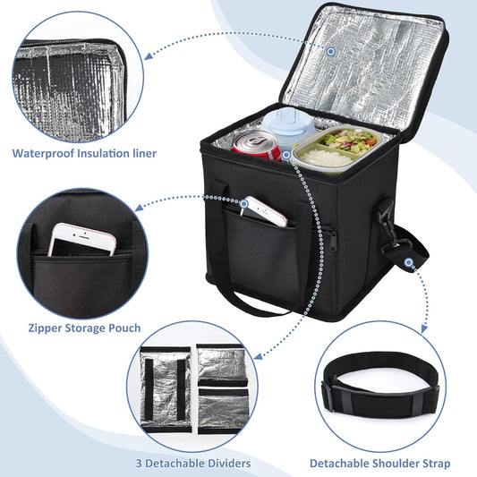 Insulated Drink Carrier Bag with Handle, 2 Side Pockets, Black