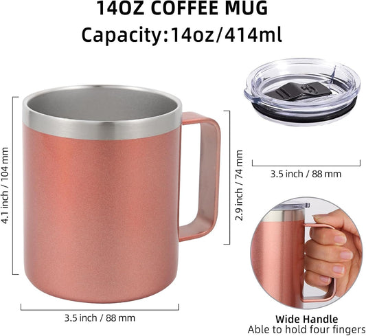 Volhoply 14oz Insulated Stainless Steel Coffee Mug with Lid Bulk,Double Wall Vacuum Travel Coffee Cup with Handle,Reusable Metal Cups Tumbler Cup,Camping Mugs,Ideal Gifts(Mix,4)