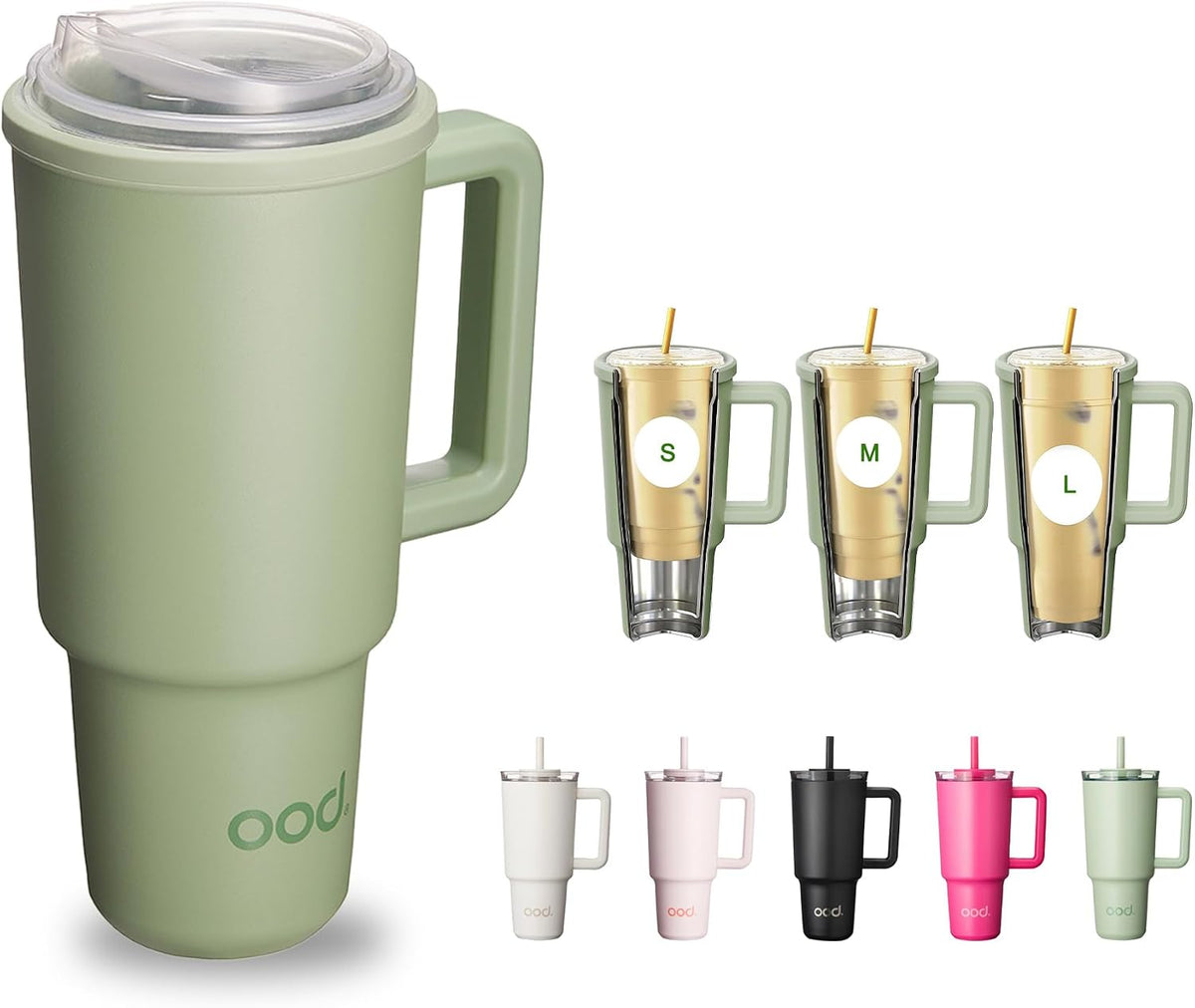OniVerso 40 oz Stainless Steel Insulated Tumbler with Handle and Straw, Iced Coffee Cup Holder for Disposable Cups, Leak Proof Tumbler, Downtown Blush (Light Pink)