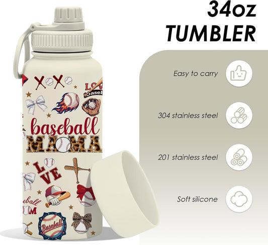 34oz Baseball Water Bottle, Baseball Mom Gift, Insulated Stainless Steel