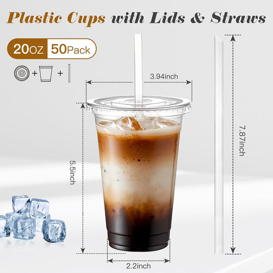 Ginkgo 50 Pack 20 oz Plastic Iced Coffee Cups with Lids and Straws