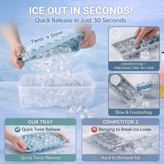 Ice Cube Tray with Lid and Bin, 1" Round Ice Trays for Freezer