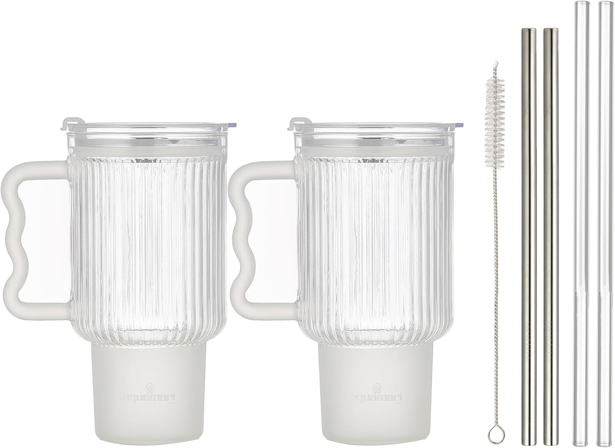 Ribbed Glass Tumbler with Lid and Straws 20oz – Set of 2 Borosilicate Glass Tumblers with Handle, Lids, and Straws – Iced Coffee Glass Cups, Glass Travel Cup, Hot & Cold Drinks