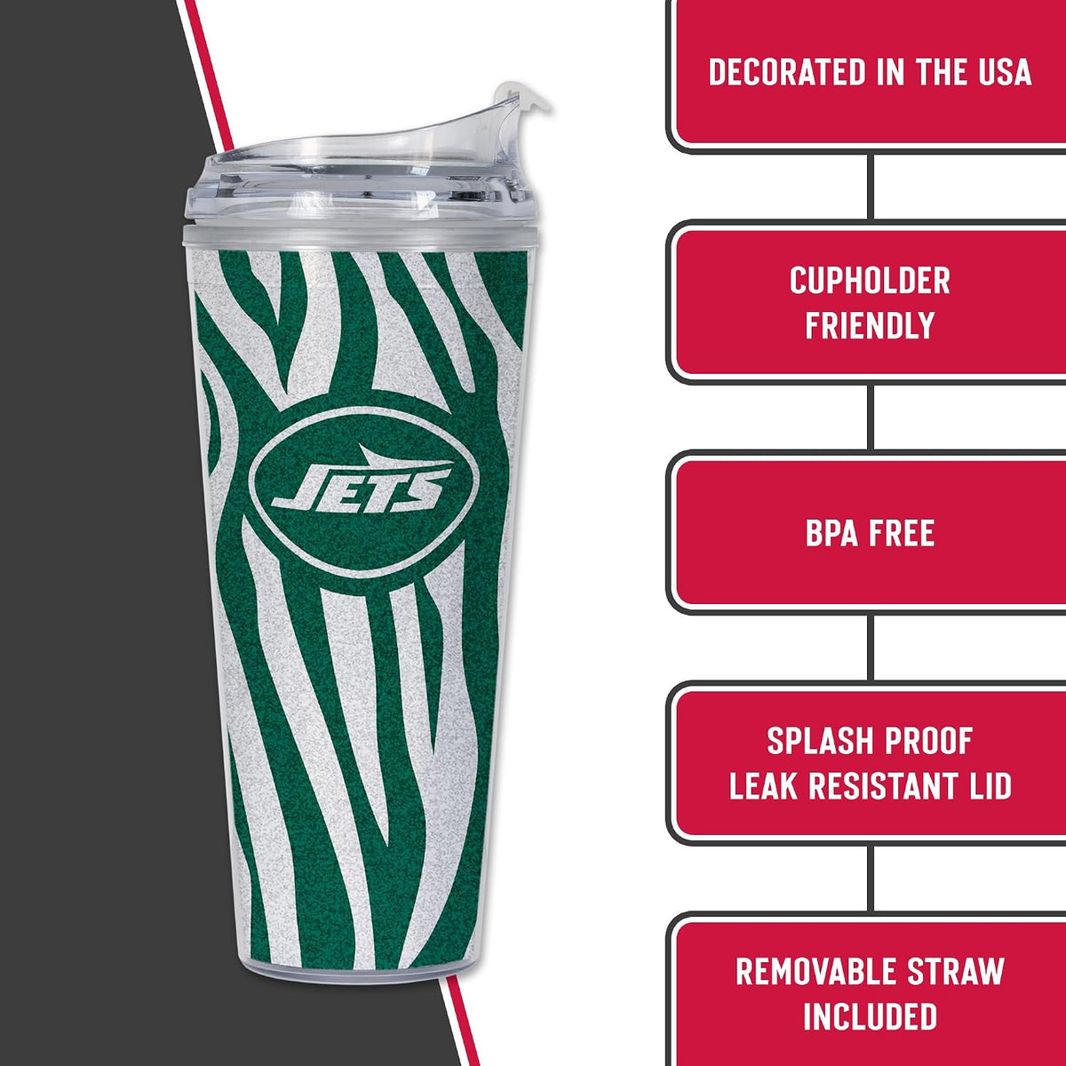 NFL Football Glitter 24oz Acrylic Glitter Tumbler with Hinged Lid, Officially Licensed Double Wall Tumbler with Straw