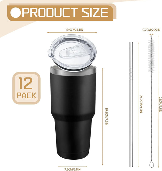 12 Pack Insulated Tumbler Powder Coated Stainless Steel Double Wall Vacuum Travel Coffee Tumbler Cup with Lid and Straw for Laser Engrave DIY Gift 30oz Black
