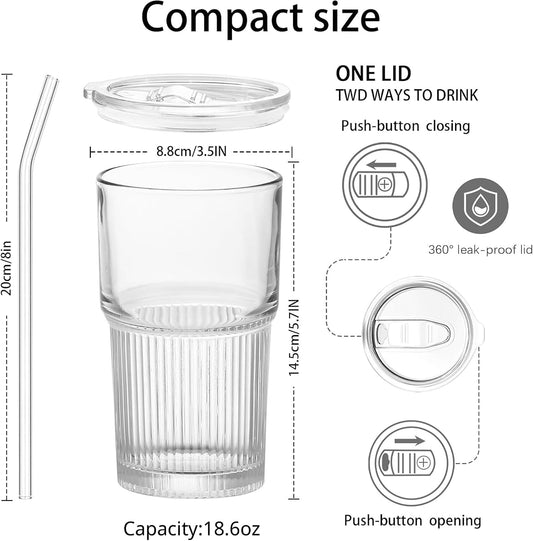 Glass Cup with Lid and Straw, 18.6 oz Ribbed Iced Coffee Tumbler, Leakproof Reusable Drinking Glass for Smoothie, Boba, Water, Single Pack with Straw Brush, Dishwasher Safe