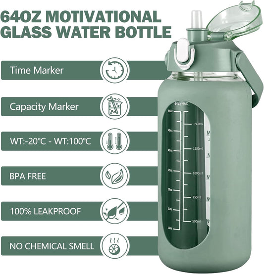 64oz Glass Water Bottles with Straw, Half Gallon Motivational Glass Bottle with Silicone Sleeve and Time Marker, 2L Leakproof Large Glass Water Jug for Gym Home Office,olive