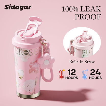Insulated Travel Coffee Mug,18 oz Stainless Steel Coffee Tumbler with Flip Straw, Double Wall Thermal Cup with Leak Proof Lid,Reusable Ceramic Water Bottle for Office, Pink