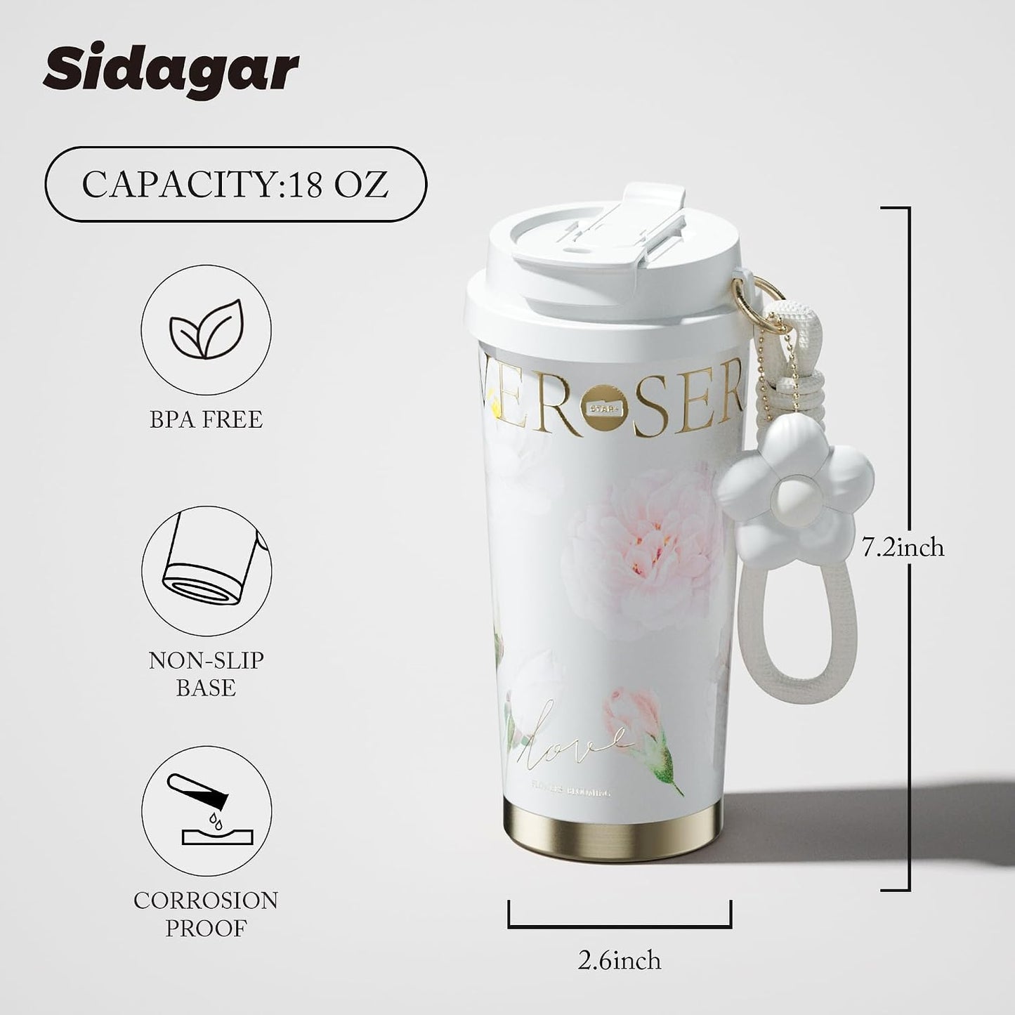 Insulated Travel Coffee Mug,18 oz Stainless Steel Coffee Tumbler with Flip Straw, Double Wall Thermal Cup with Leak Proof Lid,Reusable Ceramic Water Bottle for Office, Pink