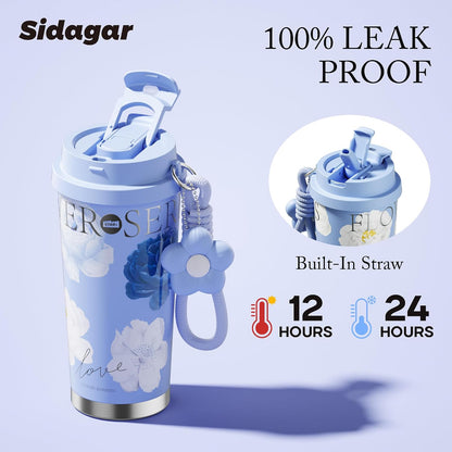 Insulated Travel Coffee Mug,18 oz Stainless Steel Coffee Tumbler with Flip Straw, Double Wall Thermal Cup with Leak Proof Lid,Reusable Ceramic Water Bottle for Office, Pink