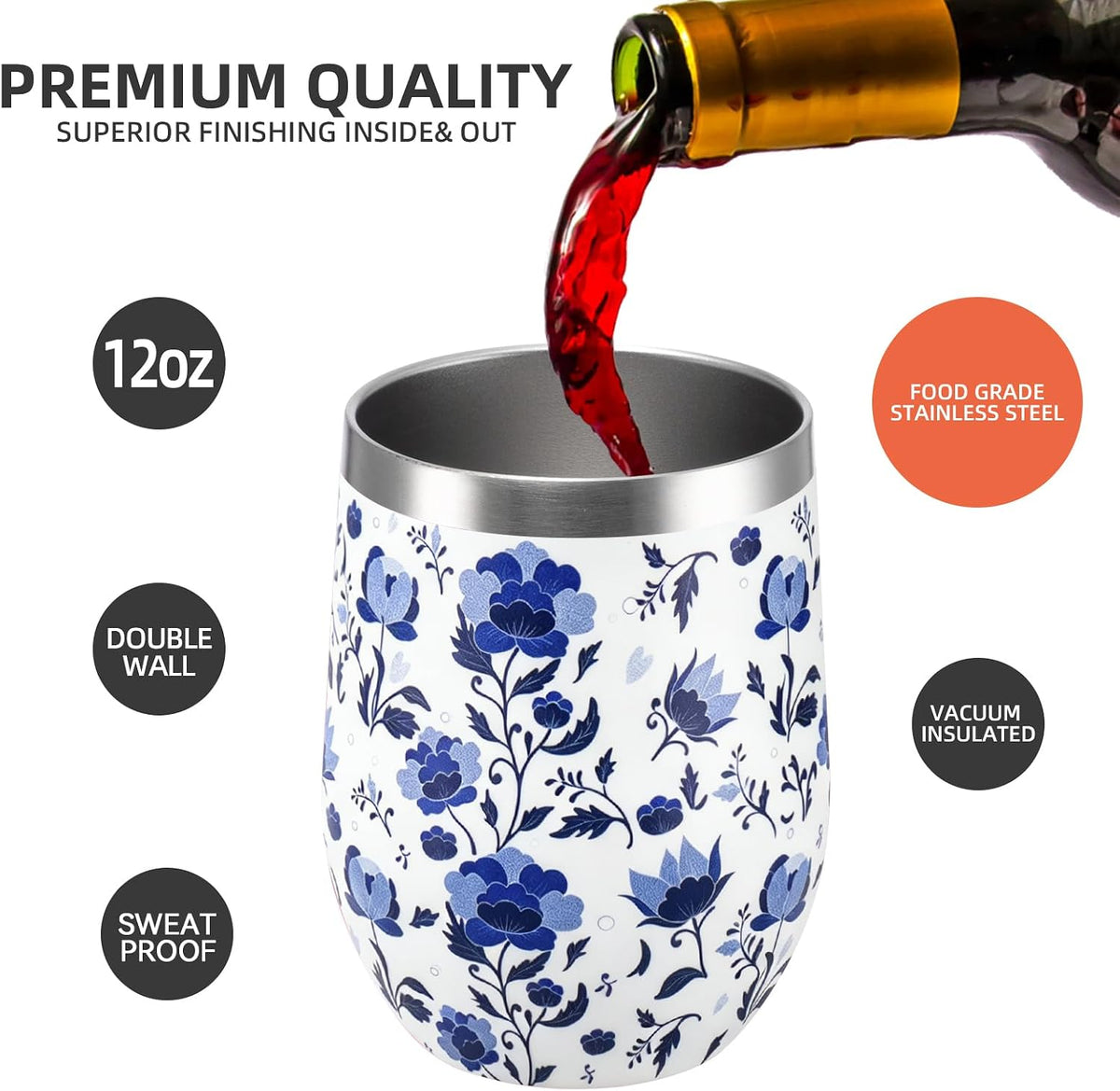 12 oz Insulated Wine Tumbler with Lid and Straw,Stainless Steel Stemless Wine Tumbler Glasses Double Wall Vacuum Wine Cups Tumbler for Coffee,Champaign,Cocktail,Office（Silver,1）