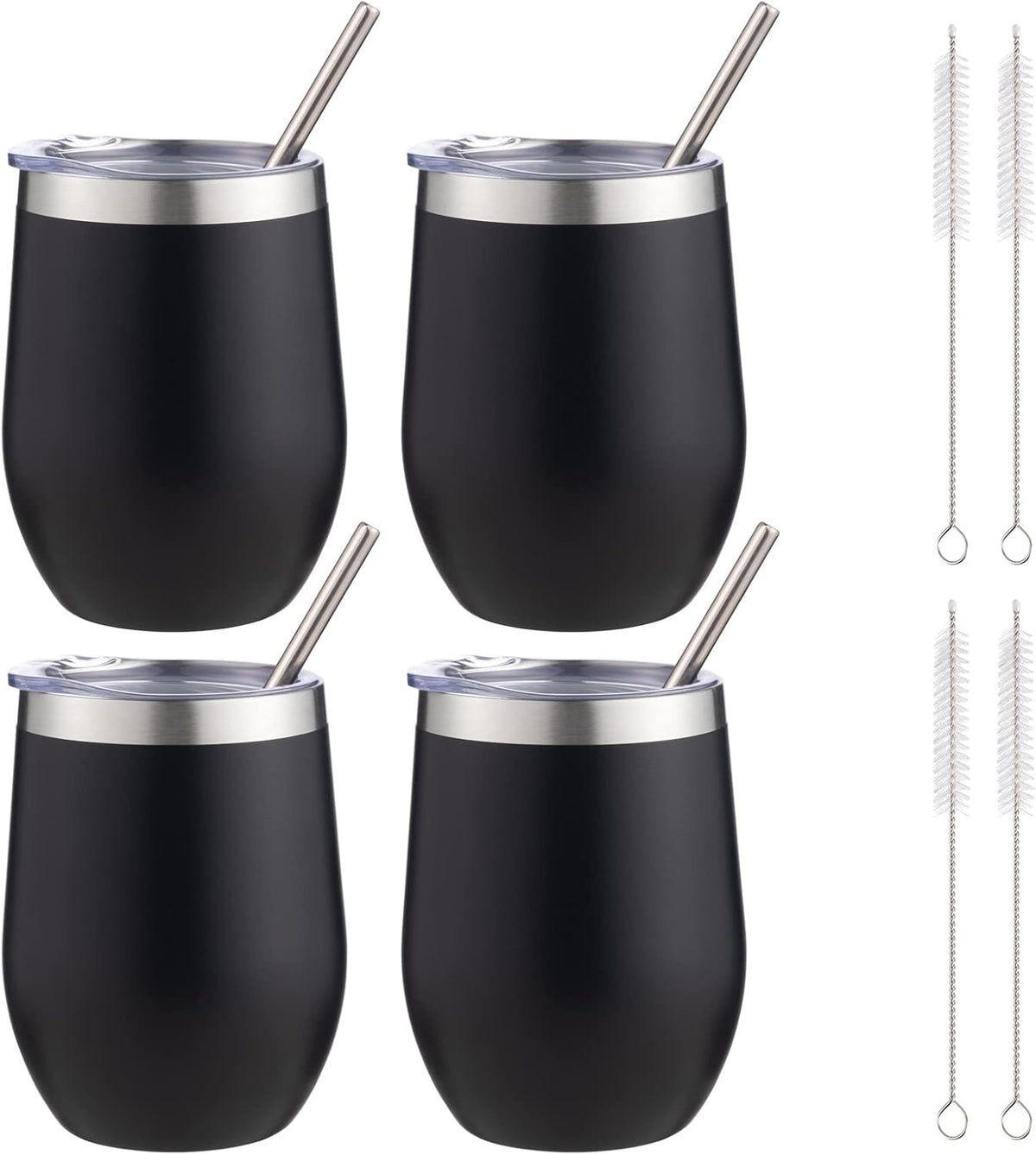 12 oz Insulated Wine Tumbler with Lid and Straw,Stainless Steel Stemless Wine Tumbler Glasses Double Wall Vacuum Wine Cups Tumbler for Coffee,Champaign,Cocktail,Office（Silver,1）