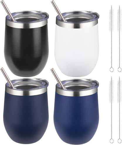12 oz Insulated Wine Tumbler with Lid and Straw,Stainless Steel Stemless Wine Tumbler Glasses Double Wall Vacuum Wine Cups Tumbler for Coffee,Champaign,Cocktail,Office（Silver,1）