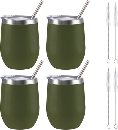 12 oz Insulated Wine Tumbler with Lid and Straw,Stainless Steel Stemless Wine Tumbler Glasses Double Wall Vacuum Wine Cups Tumbler for Coffee,Champaign,Cocktail,Office（Silver,1）